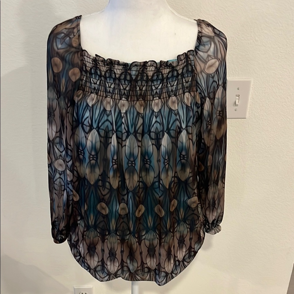 Slightly Sheer Blue and Brown Women's Top - Ruching Top & Elastic Bottom